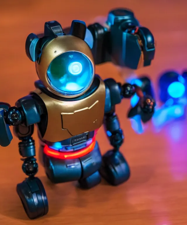 Prompt: high quality presentation photo of a retro toy robot with glowing eyes, photography 4k f1.8 anamorphic bokeh 4k Canon Nikon