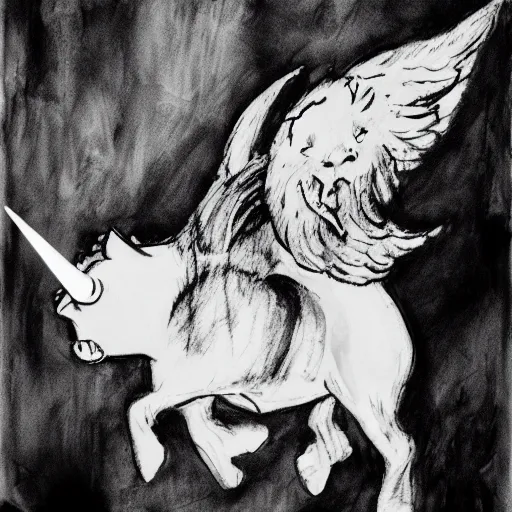 Image similar to flying pig with unicorn horn, derek hess style, black and white, 35mm, 8k