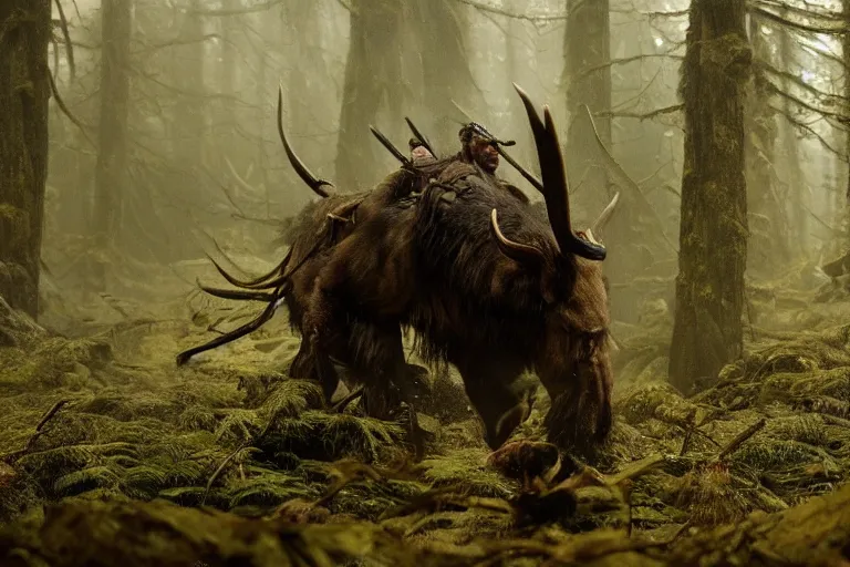 Image similar to vfx movie closeup detailed ancient warrior orc hunting elk in the forest, natural lighting by emmanuel lubezki