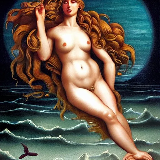 Image similar to the birth of venus painting by godmachine, brom and mc esther