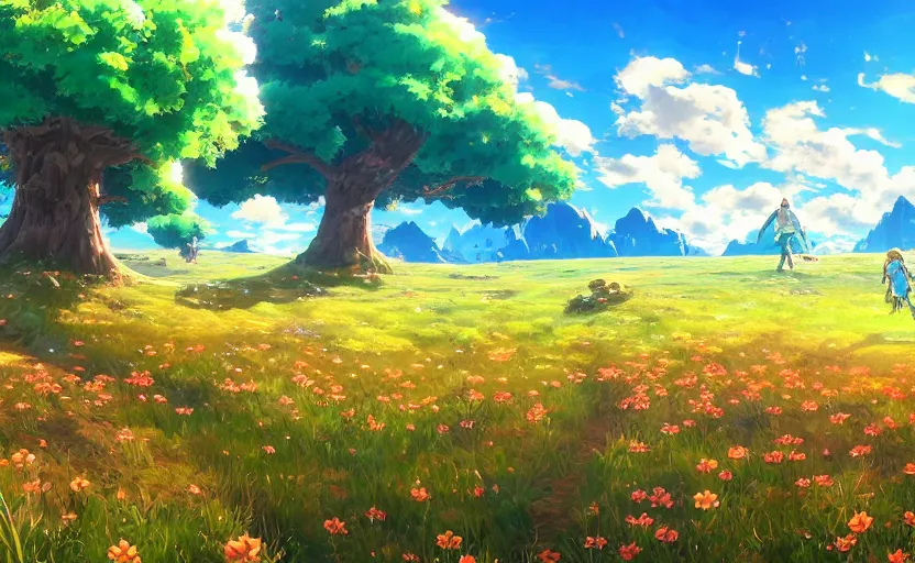 Image similar to fantastic anime sunny meadow with flowers, lone old Oak in the middle plane and mountains on the background, by Hayao Miyazaki, Nausicaa, Ghibli, Breath of the wild, Anime wallpaper