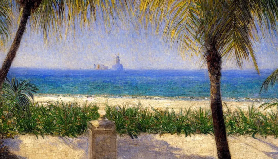 Image similar to a ultradetailed beautiful painting of the amazonas palace balustrade designed by jules bastien - lepage, hans belmer, frank weston and gustave baumann, beach, trending on artstation, mediterranean, palm trees, refracted color sparkles, sharp focus, soft light, 8 k 4 k