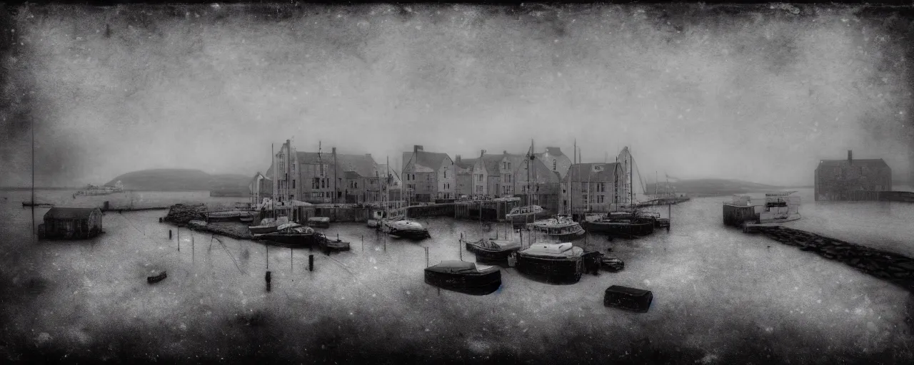 Prompt: a tintype miniature diorama of the harbour at stromness orkney, by joel peter witkin and sarah moon, macro photography, grainy, snow, highly detailed, gloomy and foggy atmosphere, octane render, cinematic lighting tri - x, 8 k, hd