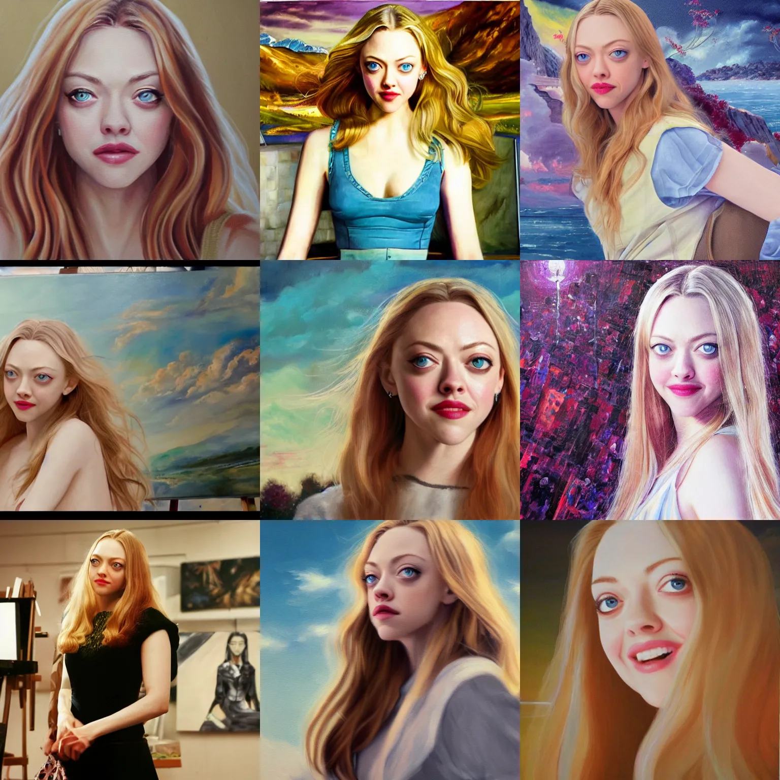 Prompt: a painting of Amanda Seyfried in a Studio Ghibly movie, highly detailed anime, breathtaking landscape