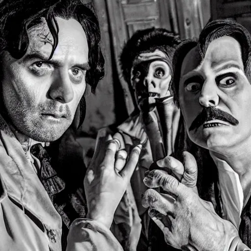 Prompt: what we do in the shadows production photos in the style of steve ditko 1 megapixel