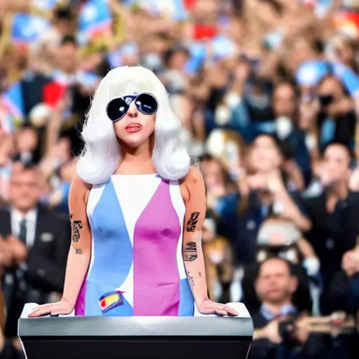 Image similar to Lady Gaga as president, Argentina presidential rally, Argentine flags behind, bokeh, giving a speech, detailed face, Argentina