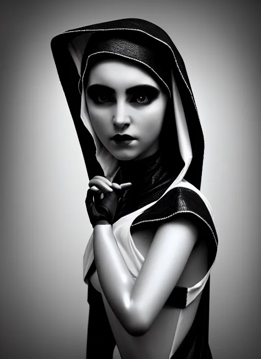Image similar to surreal mythical dreamy dark artistic black and white fine art fashion portrait photo of a young beautiful delicate female robot - nun, rim light, cinematic, studio dramatic light, poetic, masterpiece, octane render, 8 k, photo - realistic by gustave dore william black