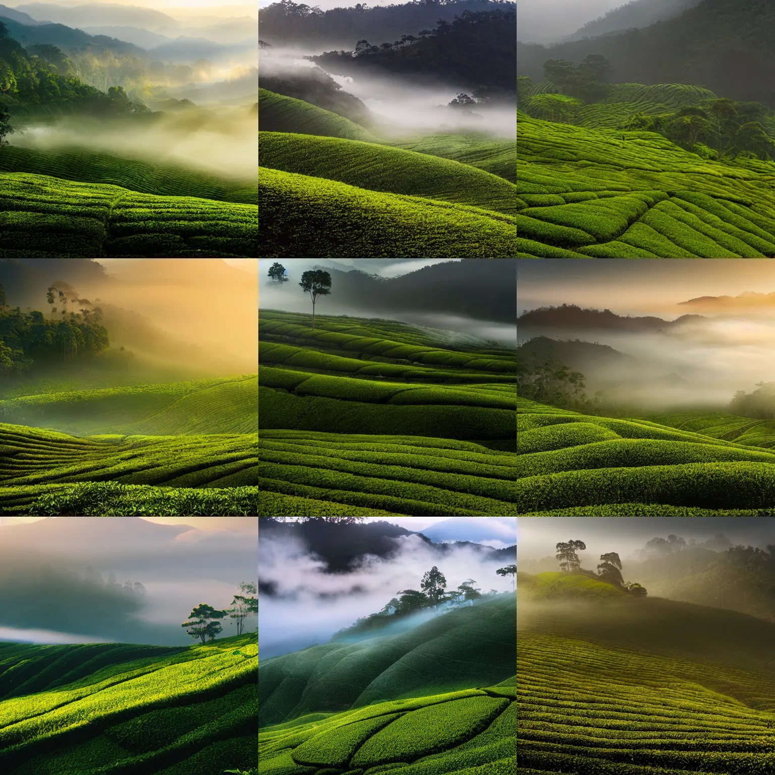 Prompt: Photo of tea plantation of Cameron Highlands with rolling mountain at the background, wide angle, volumetric light, fog, mist, morning, hyperdetailed, light water, artstation, cgsociety, 8k