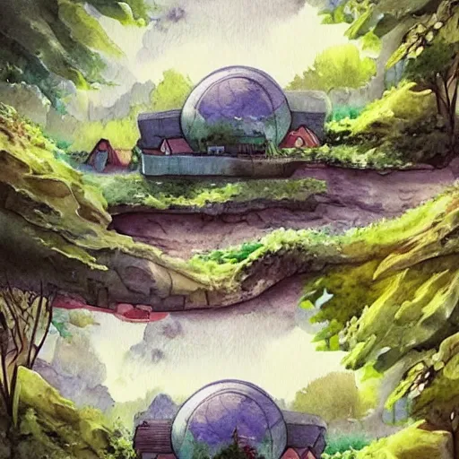 Prompt: beautiful happy picturesque charming sci - fi organic dome - like homes in a beautiful natural scene. water, trees and rocks. beautiful light. soft colour scheme. beautiful artistic detailed watercolor by lurid. ( 2 0 2 2 )