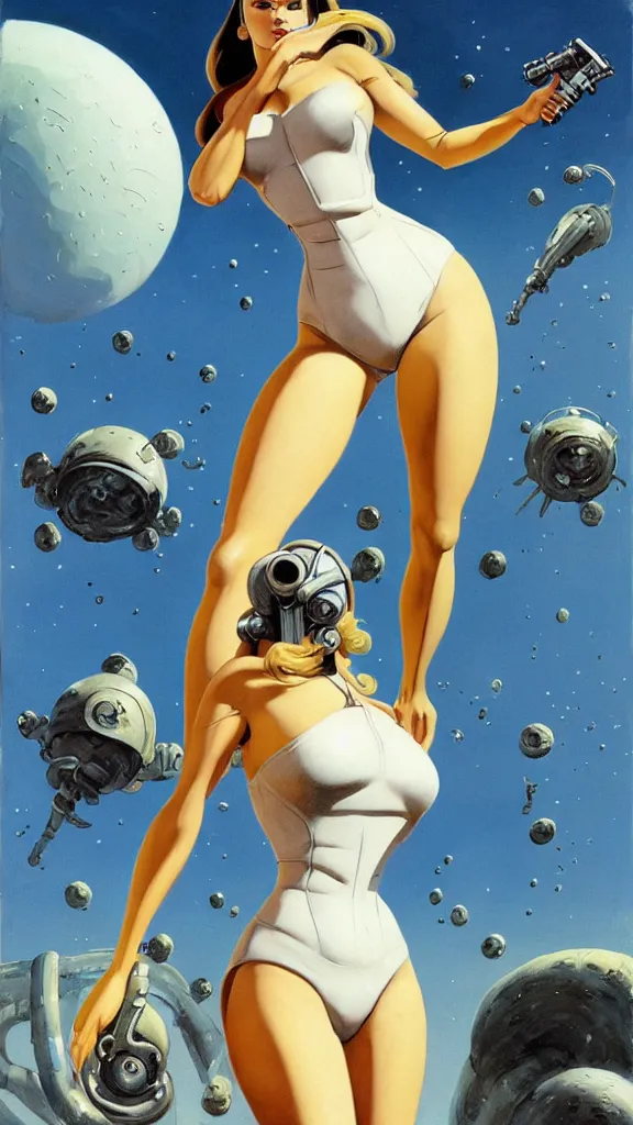 Image similar to A mixed media portrait painting of a beautiful blonde brunette woman exploring an alien planet, very curvy, aesthetic! high-waisted white-bikini-armor and boots, holding raygun, aesthetic symmetrical face and eyes, model, Scandinavian, wet, discarded mechsuit in background, by Frank Frazetta, Boris Vallejo, Beeple, Greg Rutkowski, Christian MacNevin, eighties-pinup style, epic fantasy character art, high fantasy, CGsociety, exquisite detail, post-processing, masterpiece, cinematic