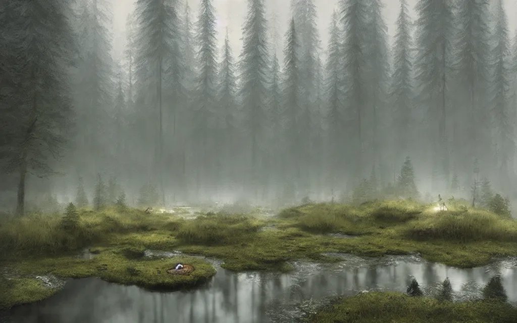 Image similar to a rock in a pond in the middle of the forest, fir trees, moss, fog, dramatic atmosphere, highly detailed, cinematic lighting, perfect composition artem demura