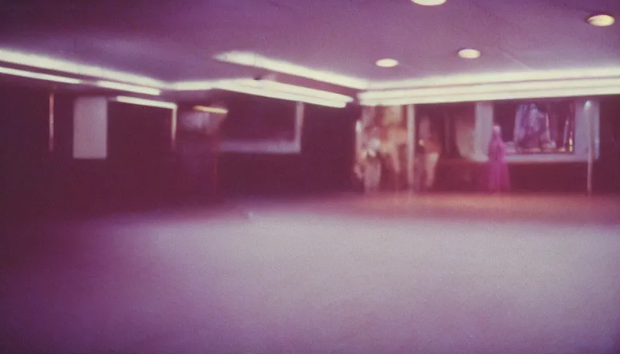 Prompt: 70s movie still of liminal space ballroom , cinestill 800t Technicolor, heavy grain, high quality, criterion collection