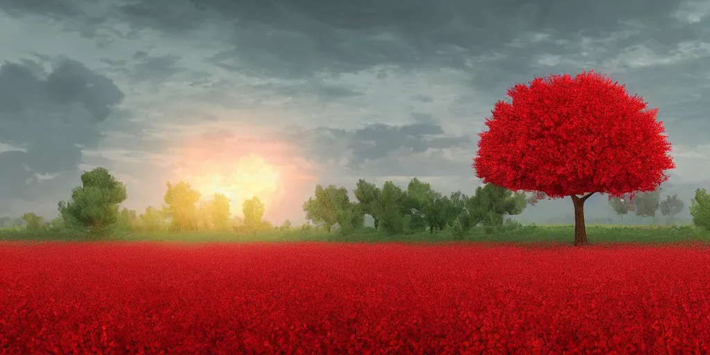 Image similar to a single big red tree in the middle of a battlefield near a bunch of red flowers at sunrise, hyperrealistic, concept art, octane render, unreal engine 5, trending on Artstation, high quality, 8K, dramatic lighting, cinematic, high coherence, highly detailed, Midjourney style, epic scene, path traced, low contrast, complementary colors