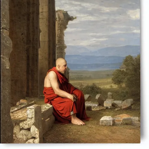 Prompt: Monk Seated in the Ruins of the Abbey by John Frederick Kensett