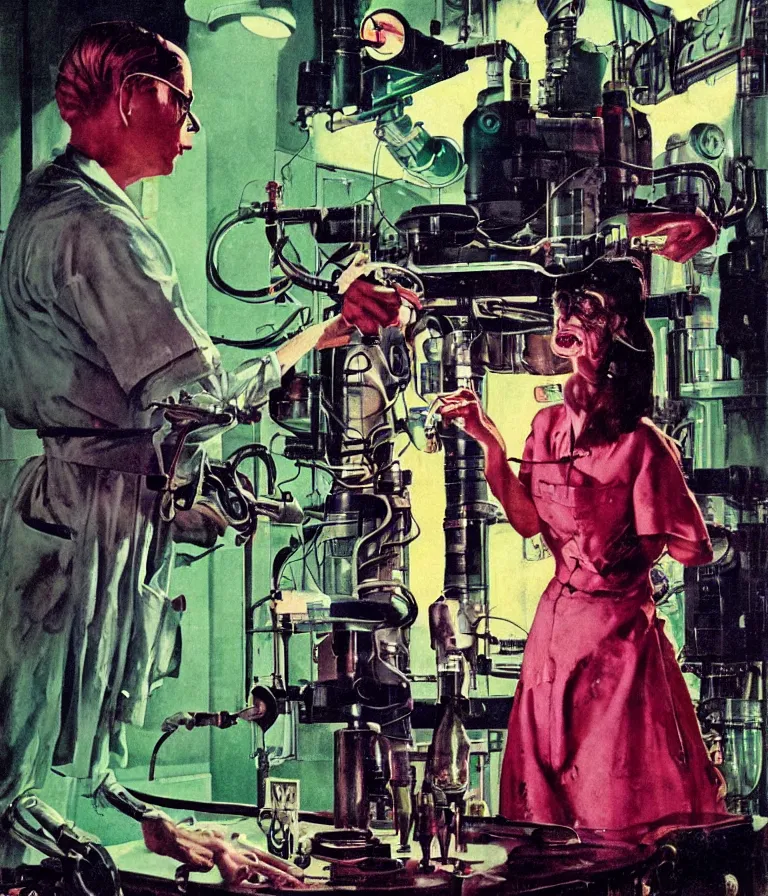 Image similar to a female mad scientist building a robot man, in a darkly lit laboratory room, 1 9 5 0 s horror movie poster style, norman rockwell oil painting, tight shot, close - up shot, retro science fiction, vintage, saturated pink and green lighting, shadowy lighting, cohesive