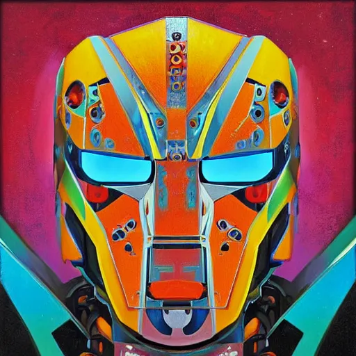 Image similar to portrait of a colourful tribal mecha robot, symmetrical, painting by drew struzan,