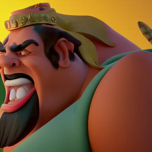 Image similar to a 3 / 4 portrait of a crazy goofy hercules, by antonio mello, 3 d nft, cgsociety, rendered in maya, unreal engine, octane render