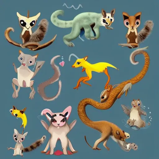 Image similar to Super cute animal combination of Sugar glider, Tamandua, Gerenuk, Cuttlefish, Gecko, Sand cat, Bee hummingbird, Tree kangaroo, Racoon dog, Pygmy hippopotamus , Leafy sea dragon, Elephant Shrew, Quokka, Margay, Klipspringer, Fennec Fox, Tawny frogmouth, Tarsier, Quetzal, Star-nosed mole