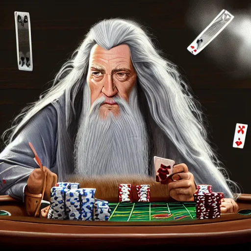 Image similar to gandalf playing poker, casino highly detailed, digital art,