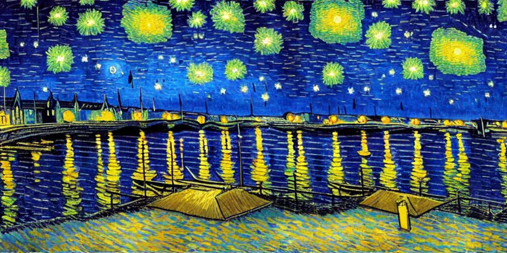 Image similar to a painting of the city of Rostock in the style of Vincent van Gogh, starry night, blue and yellow, sharp, 8k-resolution, highly-detailed, award-winning,