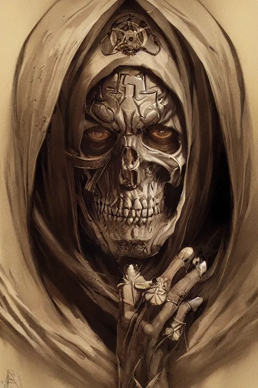 Image similar to portrait of an evil pope with skull face paint plotting against humanity, highly detailed, digital painting, artstation, concept art, sharp focus, illustration, art by artgerm and greg rutkowski and alphonse mucha