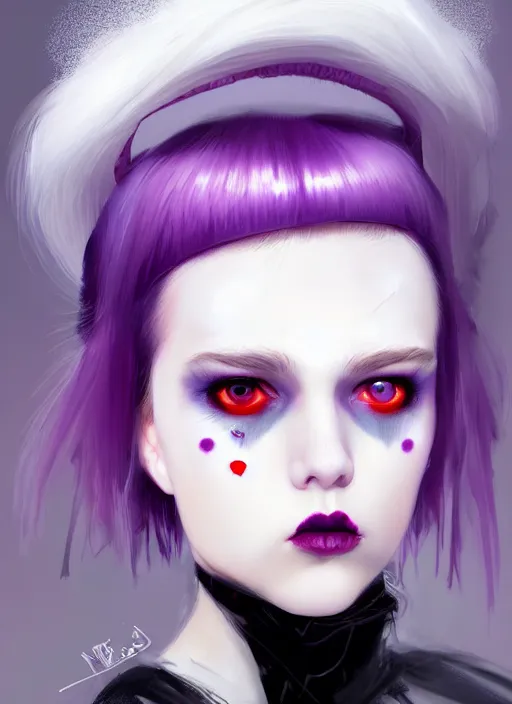 Image similar to portrait of white teenage girl, normal face, white bangs, mall goth, cyberlox, black and white hair, bangs, fluffy bangs, red contact lenses, purple lipstick, intricate, elegant, highly detailed, digital painting, artstation, concept art, sharp focus, smooth, illustration, art by wlop, mars ravelo and greg rutkowski