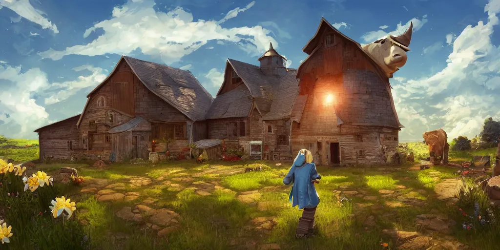 Prompt: an illustration of a house with large barn with giant cow with many cute flower pots and beautiful blue sky scenery. earth golem standing in yard, cinematic view, epic sky, detailed, concept art, low angle, high detail, warm lighting, volumetric, godrays, vivid, beautiful, by jordan grimmer, huge scene, grass, art greg rutkowski