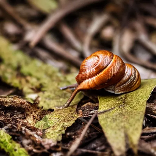 Prompt: snail on dead leaves in a forest, canon eos r 3, f / 1. 4, iso 2 0 0, 1 / 1 6 0 s, 8 k, raw, unedited, symmetrical balance, in - frame,