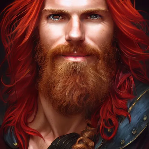 Image similar to portrait of a young ruggedly handsome but joyful pirate, male, masculine, upper body, red crimson hair, long flowing hair, fantasy, cheeky smirk, intricate, elegant, highly detailed, digital painting, artstation, concept art, matte, sharp focus, illustration, art by artgerm and greg rutkowski and alphonse mucha