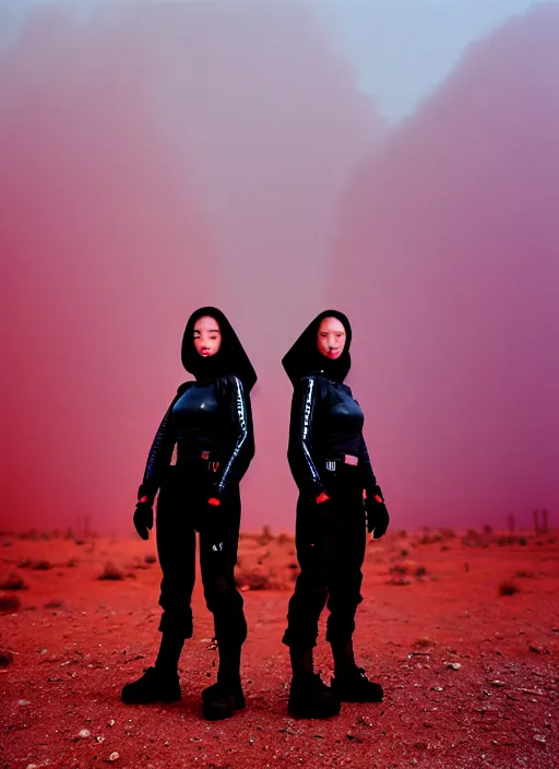 Image similar to photographic portrait shot on cinestill 5 0 d of two loving clones, techwear women on a desolate plain with a red sky, a brutalist dark metal facility in the background, dust storm, 3 5 mm, 8 k, depth of field, high resolution, ultra realistic faces