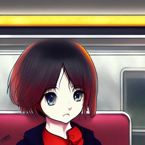 Prompt: portrait of the lone girl sitting in train carriage, anime fantasy illustration by tomoyuki yamasaki, kyoto studio, madhouse, ufotable, trending on artstation