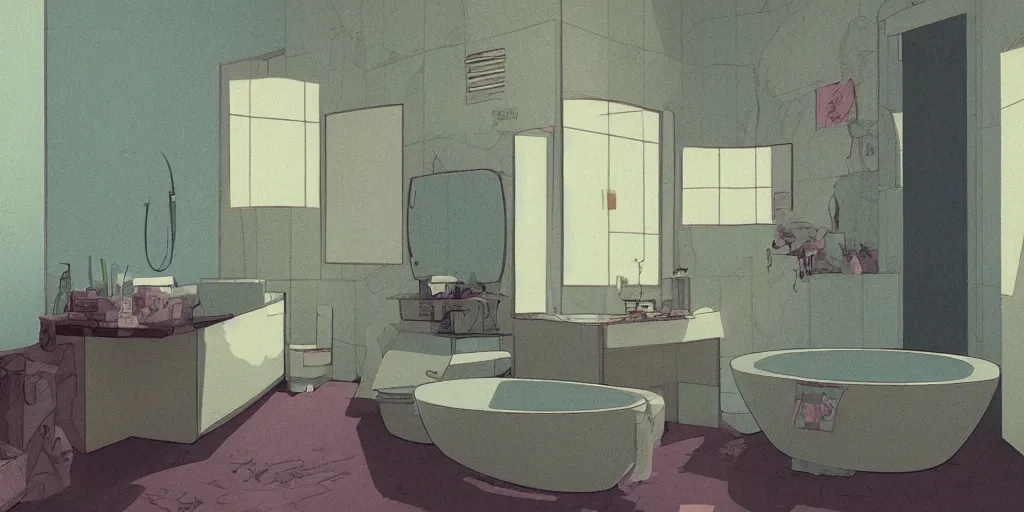 Image similar to bathroom interior, vaporwave, lofi, detailed, loish, trends in artstation by moebius,