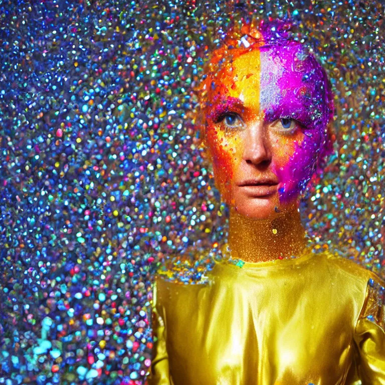 Image similar to octane render portrait by wayne barlow and carlo crivelli and glenn fabry, a woman wearing a clear plastic suit full of colorful thick fluid full of glitter, standing in front of a giant sheet of tie - dye aluminum foil, cinema 4 d, ray traced lighting, very short depth of field, bokeh