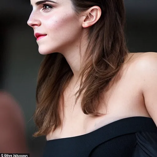 Image similar to a full - figure profile photograph of a woman who is a genetic combination of emma watson and kim kardashian