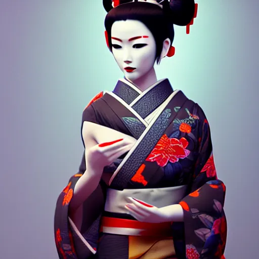 Image similar to an android geisha in a lotus position wearing a flowing kimono and tattoos, octane render, unreal engine, 8 k, cinematic, artwork by ilya kuvshinov