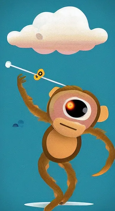 Image similar to “ big eye monkey holding laser gun floating in clouds, digital art, super aesthetic, art station childish style ”