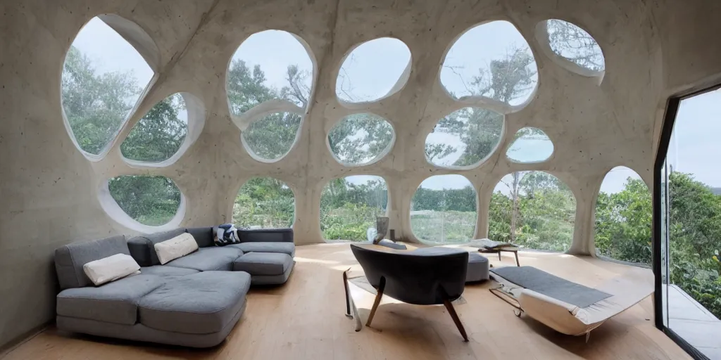 Image similar to interior of a home that is an undersea concrete dome with windows