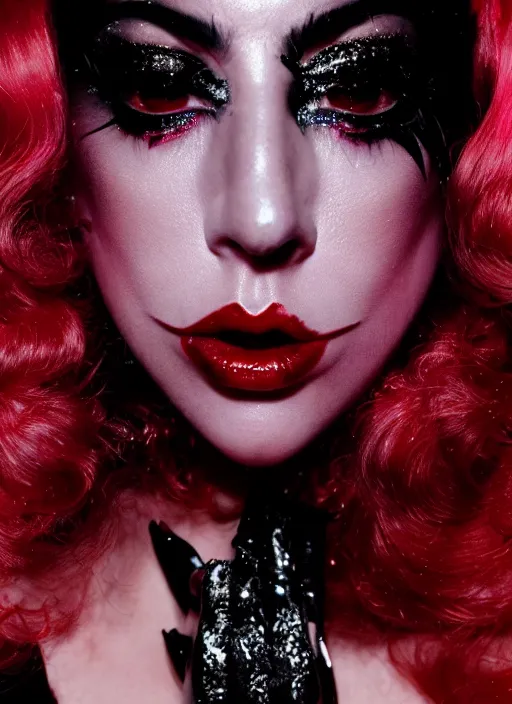 Image similar to lady gaga by nick knight, born this way, born this way album, black winged eyeliner, black lipstick, red weapon 8 k s 3 5, cooke anamorphic / i lenses, highly detailed, cinematic lighting