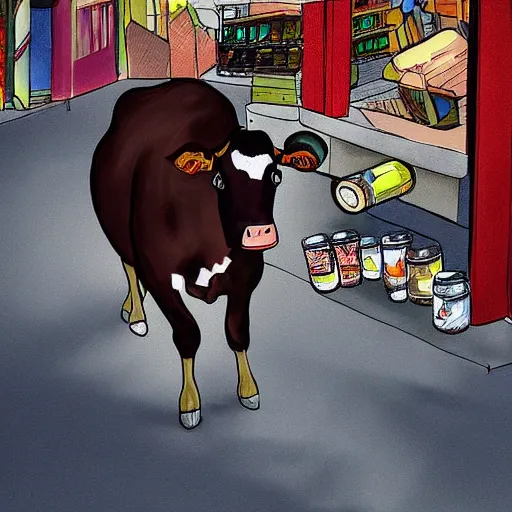 Image similar to a cow steals wine from a market stall. one of the bottles breaks spilling its contents on the street. a guard is going after the cow, digital art