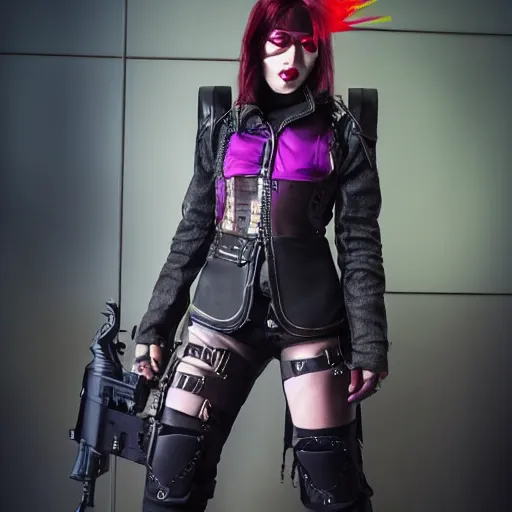 Prompt: full shot photo of a female cyberpunk musketeer