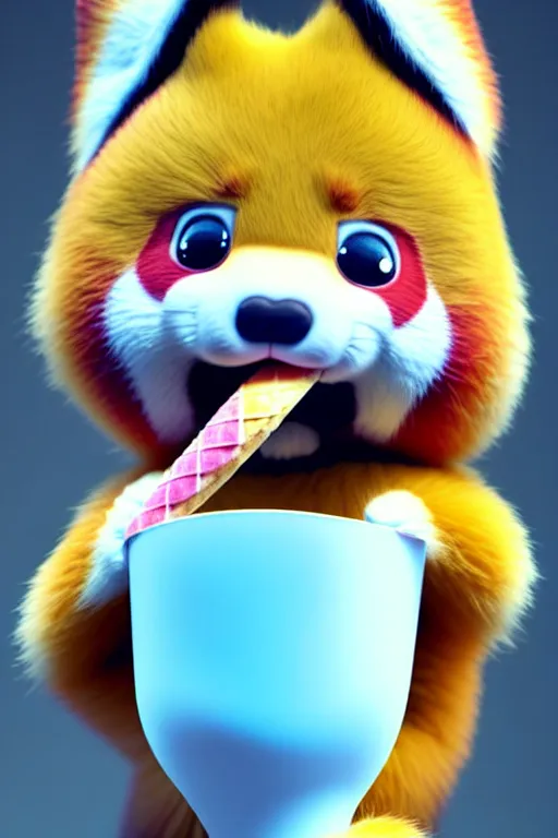 Image similar to high quality 3 d render hyperrealist very cute pastel happy red panda & koala hybrid stuffing mouth with ice cream, vray smooth, in the style of detective pikachu, very dramatic light, low angle, uhd 8 k, shallow depth or field