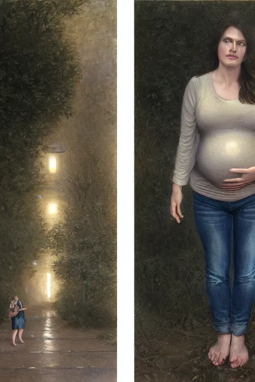 Prompt: very frightened pregnant woman under street light, jeans and sweater, by Alyssa Monks, Bouguereau