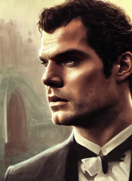 Image similar to portrait of henry cavill as james bond, key art, sprinting, palm trees, aston martin, highly detailed, digital painting, artstation, concept art, cinematic lighting, sharp focus, illustration, by gaston bussiere alphonse mucha