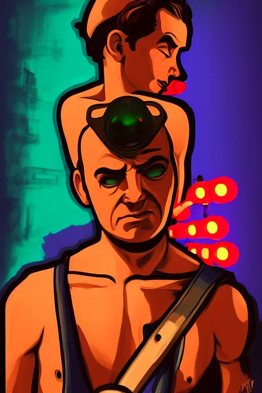 Image similar to boy with singlet and towel on shoulder. grand theft auto chinatown art city, bioshock art style pop art, no duplicate image, glowing lights, ultra details, digital painting, artstation, concept art, smooth, sharp focus, illustration, intecrate details, art by richard hamilton and mimmo rottela, pixels art by paul robertson