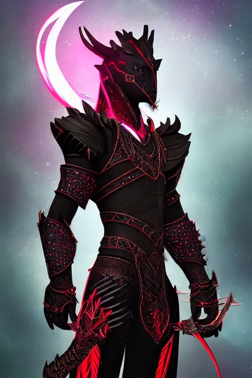 Image similar to beautiful, digital art of an elegant, intricate, beautiful, colourful, archer, black draconic - leather, with red glow - spots, full body armor. artstation, rpg, beautiful complex background. runescape, skyrim. by milica celikovic, yann blomquist, neil richards, zoltan z hegedus, thomas karlsson