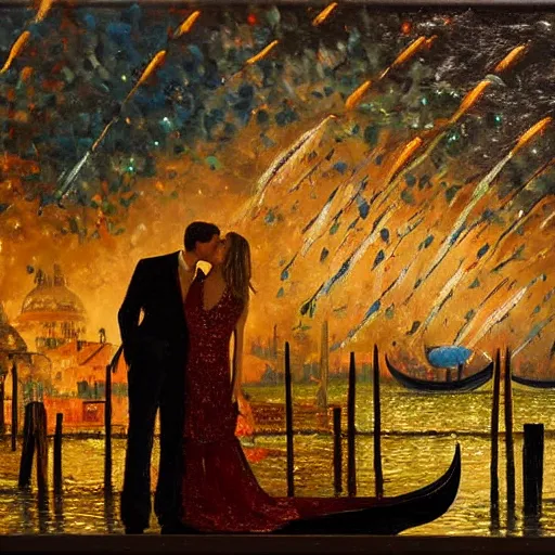 Image similar to an oil painting of couple kissing, in a background fireworks in venice