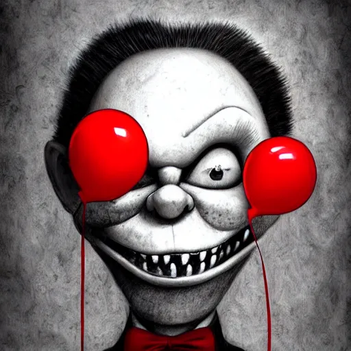 Image similar to surrealism grunge cartoon portrait sketch of slender man with a wide smile and a red balloon by - michael karcz, loony toons style, chucky style, horror theme, detailed, elegant, intricate