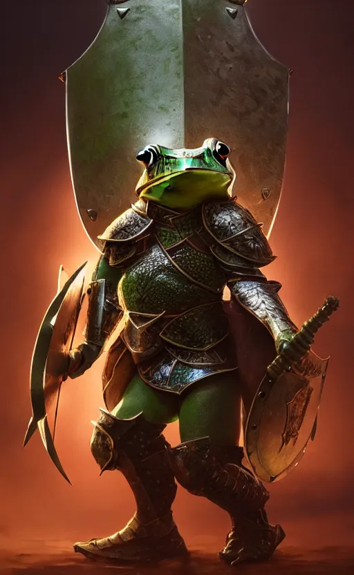 Image similar to a frog knight, holding up a large shield, battle armor, atmospheric lighting painted intricate volumetric lighting, beautiful, sharp focus, ultra detailed by leesha hannigan, ross tran, thierry doizon, kai carpenter, ignacio fernandez rios, makoto shinkai