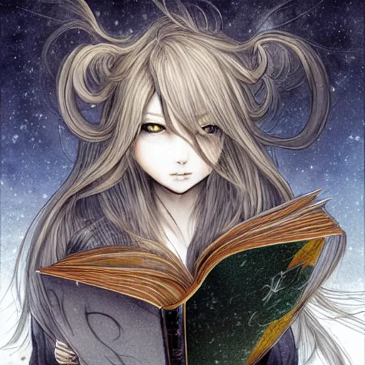 Image similar to a girl reading a book, her hair flowing down, a character portrait by yoshitaka amano, featured on pixiv, fantasy art, official art, androgynous, anime