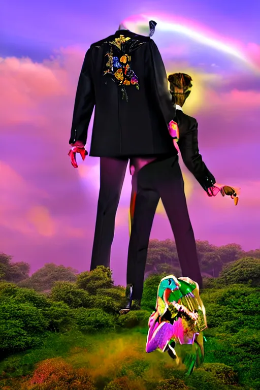 Image similar to Ethereal safari landscape with a pink rainbow sky under a god moonstone, black leather and embroidered Lolita dapper bespoke avant-garde tuxedo in velvet, black and gold rich color, dramatic cinematic lighting, featured on Artstation, extremely detailed by Lisa Frank